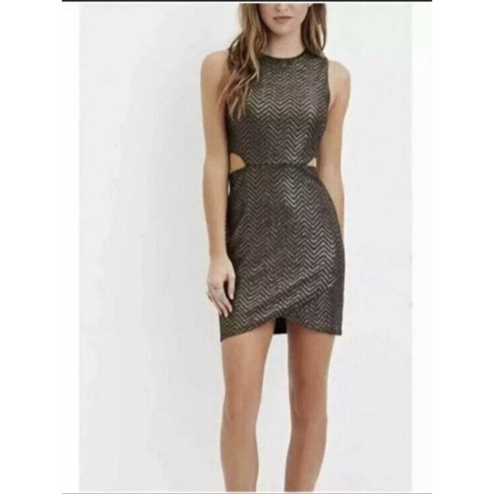 The Moon Womens Sheath Dress Gold Chevron Stretch Sleeveless Cut Out Party S New